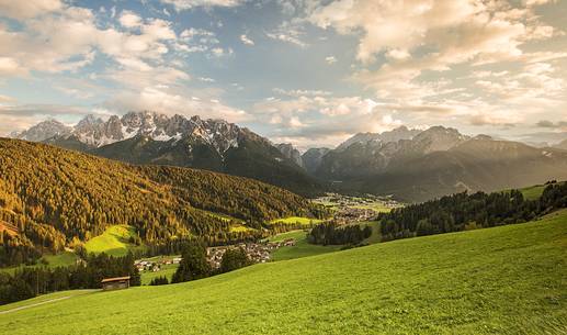 Panoramic view from San Silvestro valley to Dobbiaco at sunset