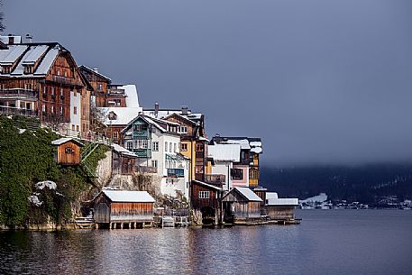 Typical houses on stilts in Hallstatt, the small village on the lake, Unesco heritage from 1997