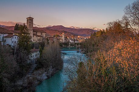 Brossana village and the Natisone river  at sunset, looked from The Devil's bridge in Cividale del Friuli