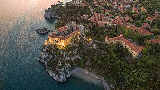 Aerial view of the old and the new Duino Castle in Trieste
