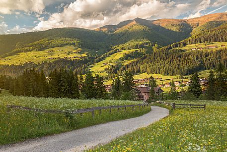 Meadows of Moso at sunset from Fiscalina valley, dolomites, Italy