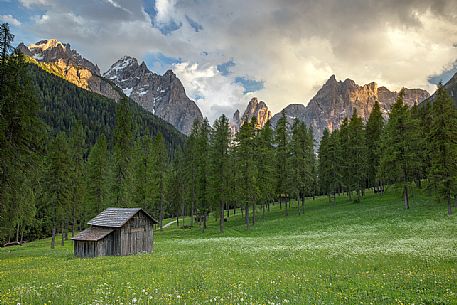 Meadows of Fiscalina valley with the Sesto peaks at sunset in the background, dolomites, Italy