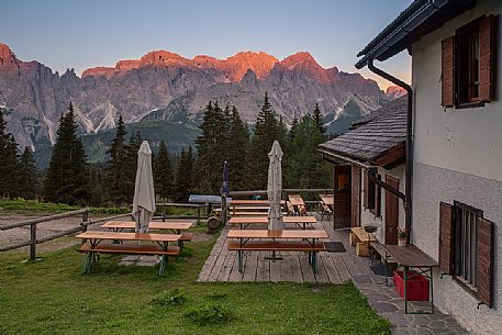 Sunrise on Rinfreddo hut located in Val Padola - Comelico Superiore, in a panoramic position on the Sesto Dolomites and Mount Popera