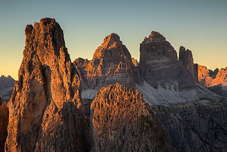 Cadini of Misurina and Tre Cime of Lavaredo at sunset