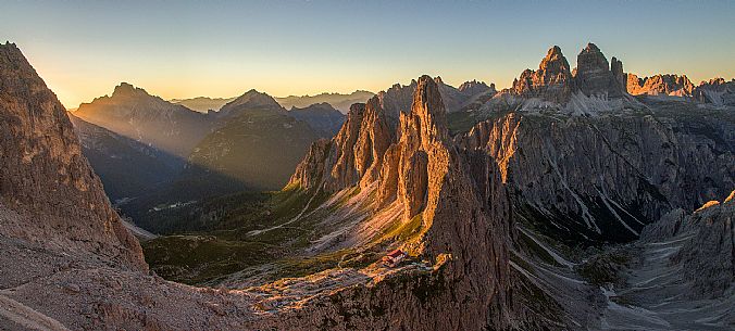 Cadini di Misurina, Tre Cime di Lavaredo and Fonda Savio refuge at sunset