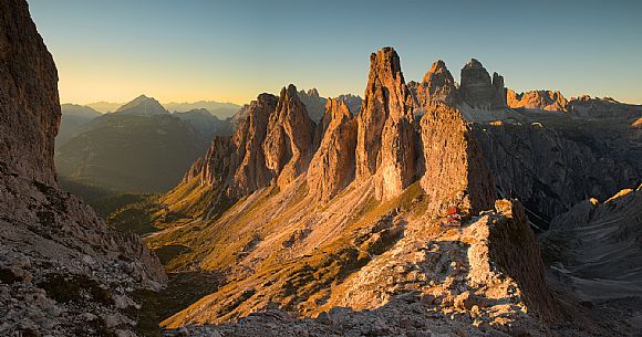 Cadini di Misurina, Tre Cime di Lavaredo and Fonda Savio refuge at sunset