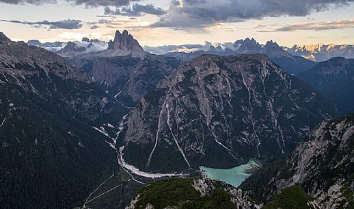 View of the Sesto Dolomites from Mount Specie with Landro Lake in the foreground 