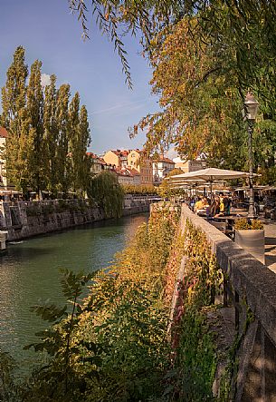 Outdoor bar along the promenade that runs along the Ljubljanica river that runs through the city of Lubiana, Slovenia, Europe
