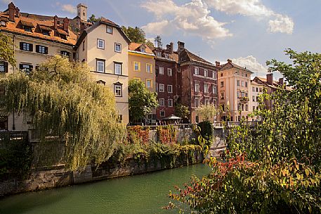 The picturesque houses of Lubiana and the Ljubljanica river, Slovenia, Europe