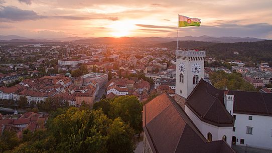 Aerial view of the castle and the city of Lubiana at the sunset, Slovenia, Europe