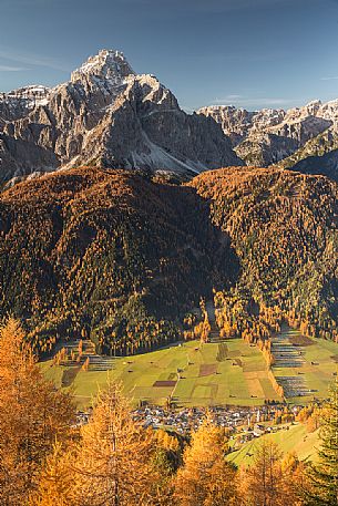 The village of Sesto with Sesto Dolomites (Tre Scarperi Mount) on background from Elmo Mount 