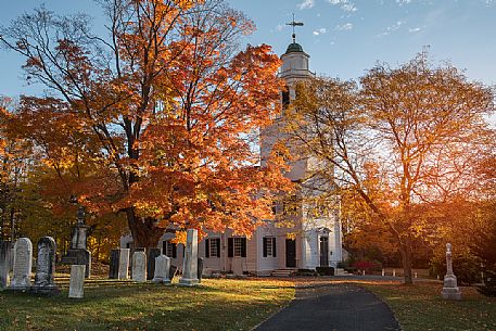 The church of Lenox and the cemetery  in an autumn morning, Berkshire County, New England, USA