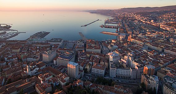 View from above of Trieste at sunset, Italy