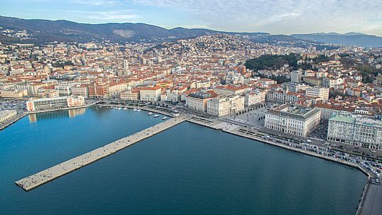 View from above of Trieste city and Piazza Unit d'Italia squaret, Italy
