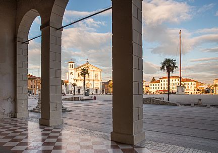 The main square Piazza Grande and the Cathedral of Palmanova at sunset, Italy