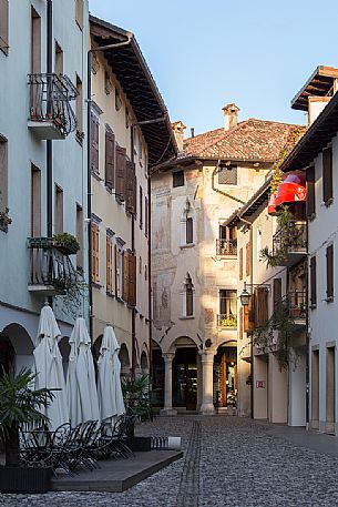 Corso Roma with view on the Palazzo Monaco in the historical center of Spilimbergo, Italy