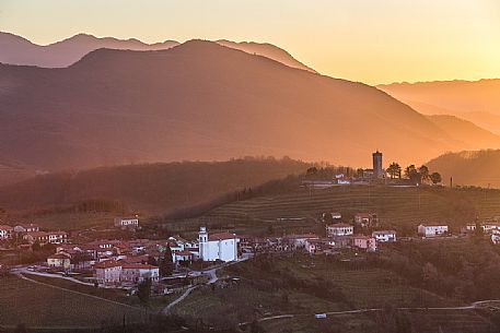 Sunrise at the village of Kojsko located in the central part of the Slovene Collio, Brda wine road, Slovenia