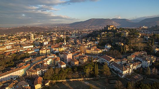 Aereal view of the city of Gorizia and the castle at sunset, Friuli, Italy