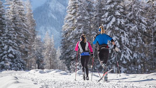 Cross country skiing in the Landro valley, Dobbiaco, Pusteria valley, Italy Cross country skiing in the Landro valley, Dobbiaco, Pusteria valley, Italy