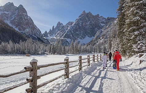 Walking in the Fiscalina Valley after an intensive snowfall, Sexten, dolomites,italy