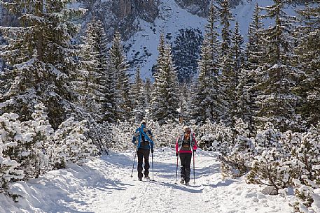 Trekkers along the path to Fondo Valle refuge in the Tre Cime di Lavaredo Natural Park, Sesto, Italy Trekkers along the path to Fondo Valle refuge in the Tre Cime di Lavaredo Natural Park, Sesto, Italy