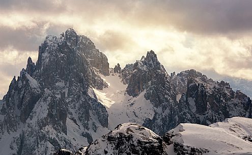 Last lights on the Cadini di Misurina in the Tre Cime natural park, dolomites, Italy