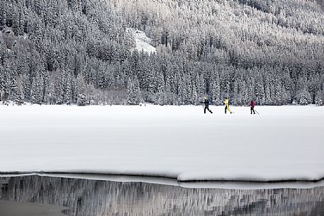 Cross country skiing on Lake of Anterselva, Pusteria Valley, Italy