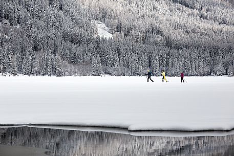 Cross country skiing on Lake of Anterselva, Pusteria Valley, Italy Cross country skiing on Lake of Anterselva, Pusteria Valley, Italy