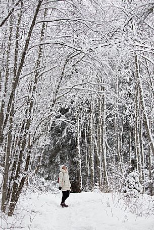 Walk through the snow covered forest of Lake Anterselva, Pusteria valley, Italy