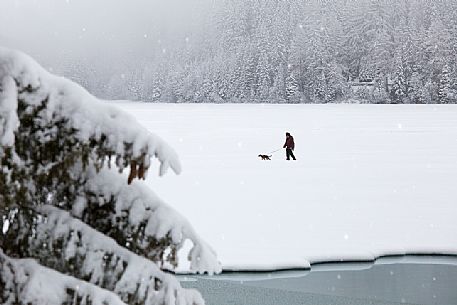 Walk under the snow on Lake Anterselva, Pusteria Valley, Italy Walk under the snow on Lake Anterselva, Pusteria Valley, Italy