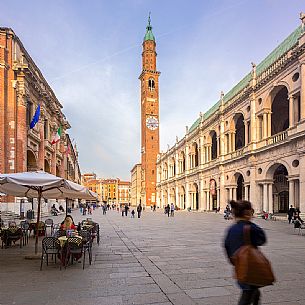 The Piazza dei Signori in the historic center of Vicenza with the facade of the Basilica Palladiana and Bissara Tower in the background, Italy