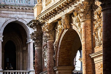 Detail of the Palace of the Capitaniato facade with Corinthian capitals and stucco, Vicenza, Italy