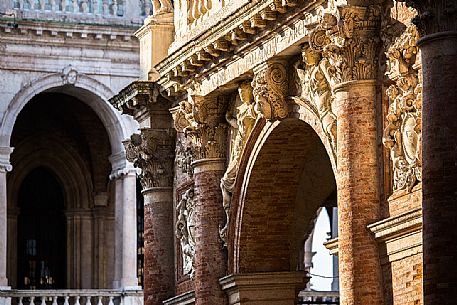 Detail of the Palace of the Capitaniato facade with Corinthian capitals and stucco, Vicenza, Italy