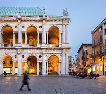 The Piazza dei Signori in the historic center of Vicenza with the facade of the Basilica Palladiana in the evening, vicenza, Itay
