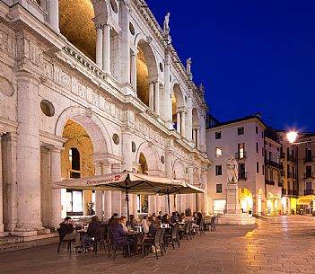 The Piazza dei Signori in the historic center of Vicenza with the facade of the Basilica Palladiana during a spring evening, Vicenza, Italy