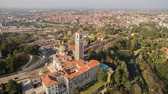 The Sanctuary of Monte Berico in the foreground and Vicenza on background viewed from above, Vicenza, Italy