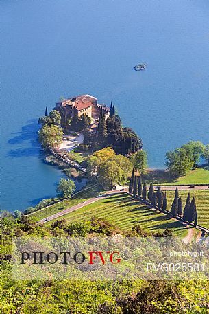 The Toblino Castle and the same lake seen from above, Valley of the Lakes, Trentino, Italy
