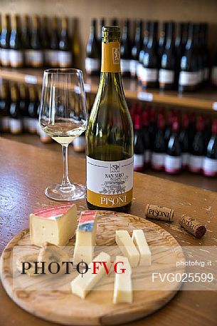 Cheese platter and wine of the Cantina Pisoni cellar, Valley of Lakes, Valle dei Laghi,Trentino, Italy