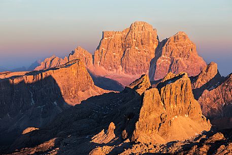 Mount Pelmo, Lastoi De Formin and Averau at sunset from the Lagazuoi refuge, Cortina d'Ampezzo, Dolomites, Italy Mount Pelmo, Lastoi De Formin and Averau at sunset from the Lagazuoi refuge, Cortina d'Ampezzo, Dolomites, Italy