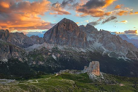 Panoramic view from the Nuvolau refuge overlooking the Cinque Torri and Tofane Mount, Dolomites, Cortina D'Ampezzo, Italy