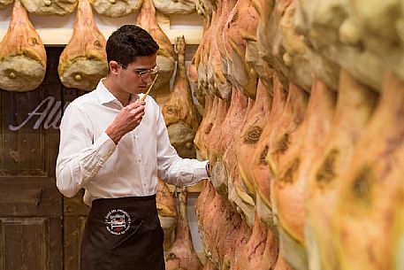 Marco Alberti checking the ham, La Casa del Prosciutto , the historic ham company of the Alberti family in San Daniele del Friuli, Friuli Venezia Giulia, Italy Marco Alberti checking the ham, La Casa del Prosciutto , the historic ham company of the Alberti family in San Daniele del Friuli, Friuli Venezia Giulia, Italy