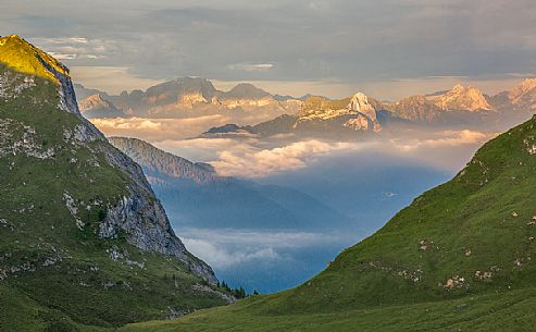 Panoramic view from Mondeval to the Sella mountain group, Dolomites, Alto Agordino, Italy Panoramic view from Mondeval to the Sella mountain group, Dolomites, Alto Agordino, Italy