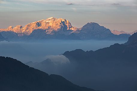 Panoramic view from Mondeval to the Sella mountain group, Dolomites, Alto Agordino, Italy