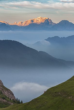 Panoramic view from Mondeval to the Sella mountain group, Dolomites, Alto Agordino, Italy