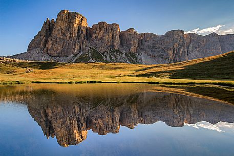 Lastoi De Formin Mount reflected on Baste lake, Mondeval, Dolomites, Cortina D'Ampezzo, Italy