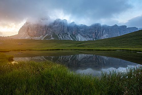 Lastoi De Formin Mount reflected on Baste lake, Mondeval, Dolomites, Cortina D'Ampezzo, Italy