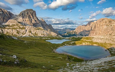 The Laghi dei Piani lakes with the mount Tre Scarperi on background near the Tre Cime di Lavaredo, Dolomites, South Tyrol, Italy