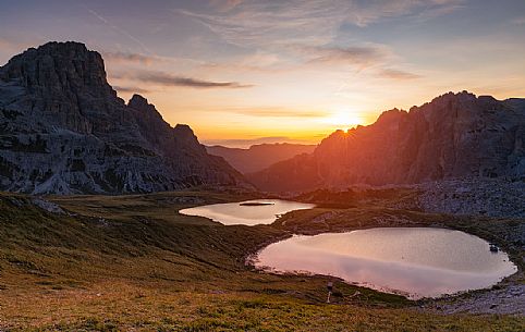 Sunrise on the Laghi dei Piani with mount Tre Scarperi on background near the Tre Cime di Lavaredo, Dolomites, South Tyrol, Italy