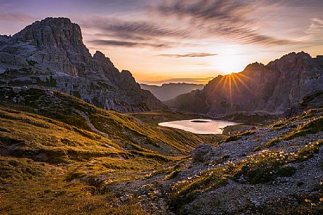 Sunrise on the Laghi dei Piani with mount Tre Scarperi on background near the Tre Cime di Lavaredo, Dolomites, South Tyrol, Italy