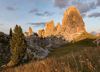 The  mountainous complex of Cinque Torri at sunset, Dolomites, Cortina d'Ampezzo, Italy